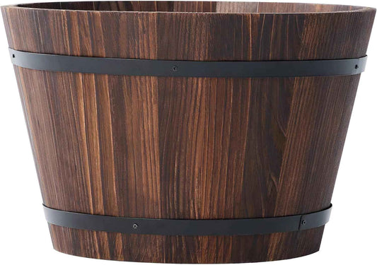 17 Inch Wood Whiskey Barrel Planter – Rustic Outdoor Half Barrel Flower Pot, Weather-Resistant Wood & Iron Plant Container with Drainage Hole, 21QT Capacity, Fully Assembled (Rustic Finish)