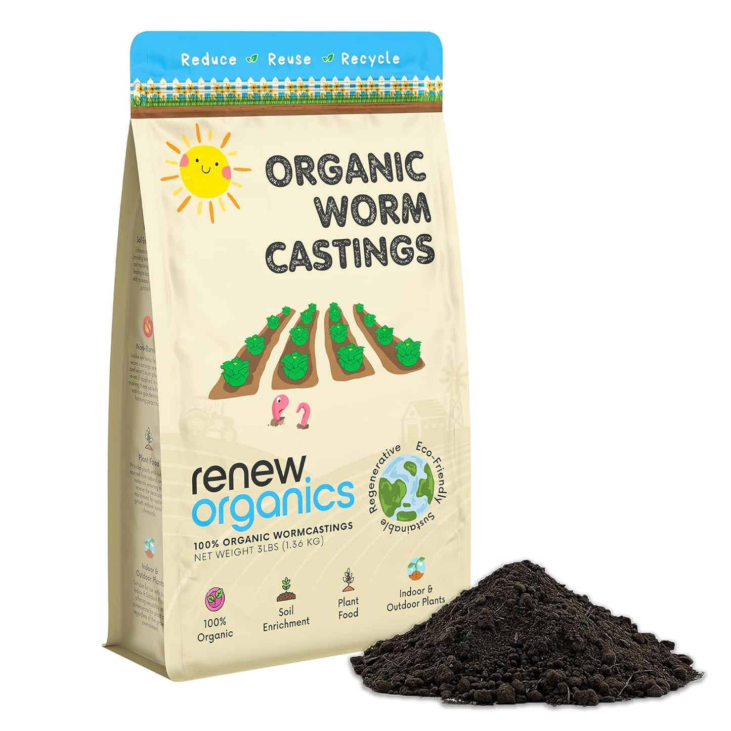 100% Organic Worm Castings (3lbs) - Earthworm Fertilizer & Soil Amendment for Indoor Outdoor Plants Gardens Vegetables - Odorless Non-Burning Pet Safe