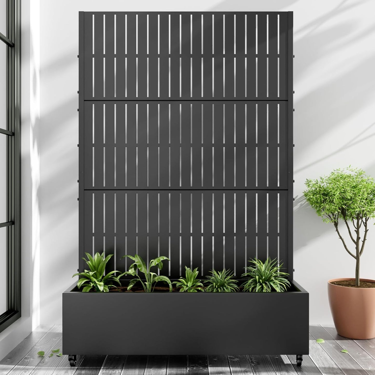 Casaphoria Metal Raised Garden Bed with Trellis and Wheels, 72"x47"x16" Planter Box for Climbing Plants, Vegetables & Vines, Features Drainage Holes and Privacy Screen (Black)