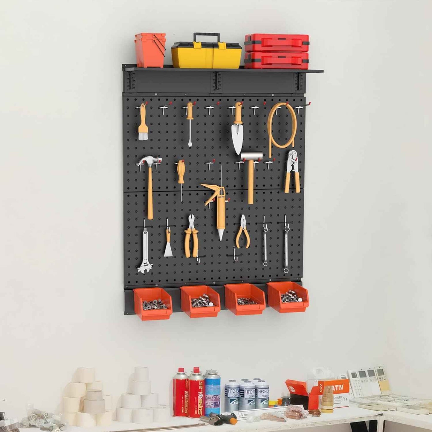 TORACK Garage Metal Pegboard with Accessories, Tools Organizer Peg Board with Pegboard Hooks, Wall Mounted Bins, Tool Storage Pegboards for Wall(Black)