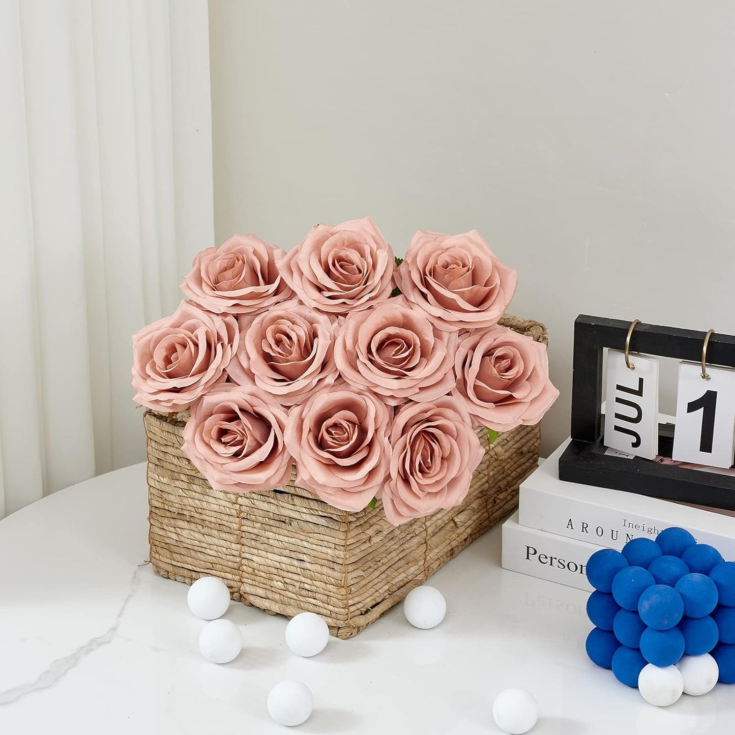 Artificial Rose 10pcs Open Flower Bouquet Faux Rose Stems for Wedding Arrangement, Bridal Bouquet, Centerpiece, Fake Faux Silk Flowers (Light Dusty Rose)
