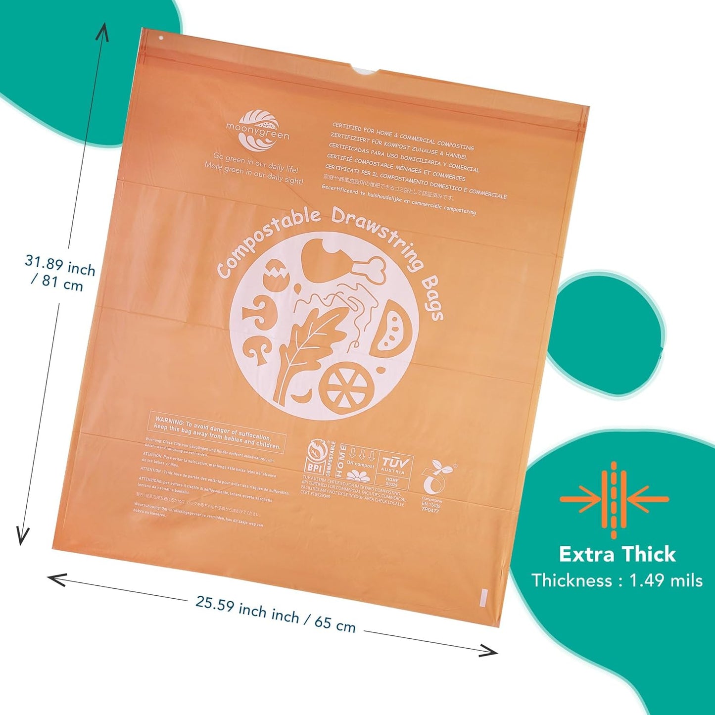 Compostable Trash Bags 13 Gallon, Drawstring Bin Bags, Heavy Duty Waste Bags, Extra Thick, Certified US BPI ASTM D6400, 49.2 Liter, 30 Counts