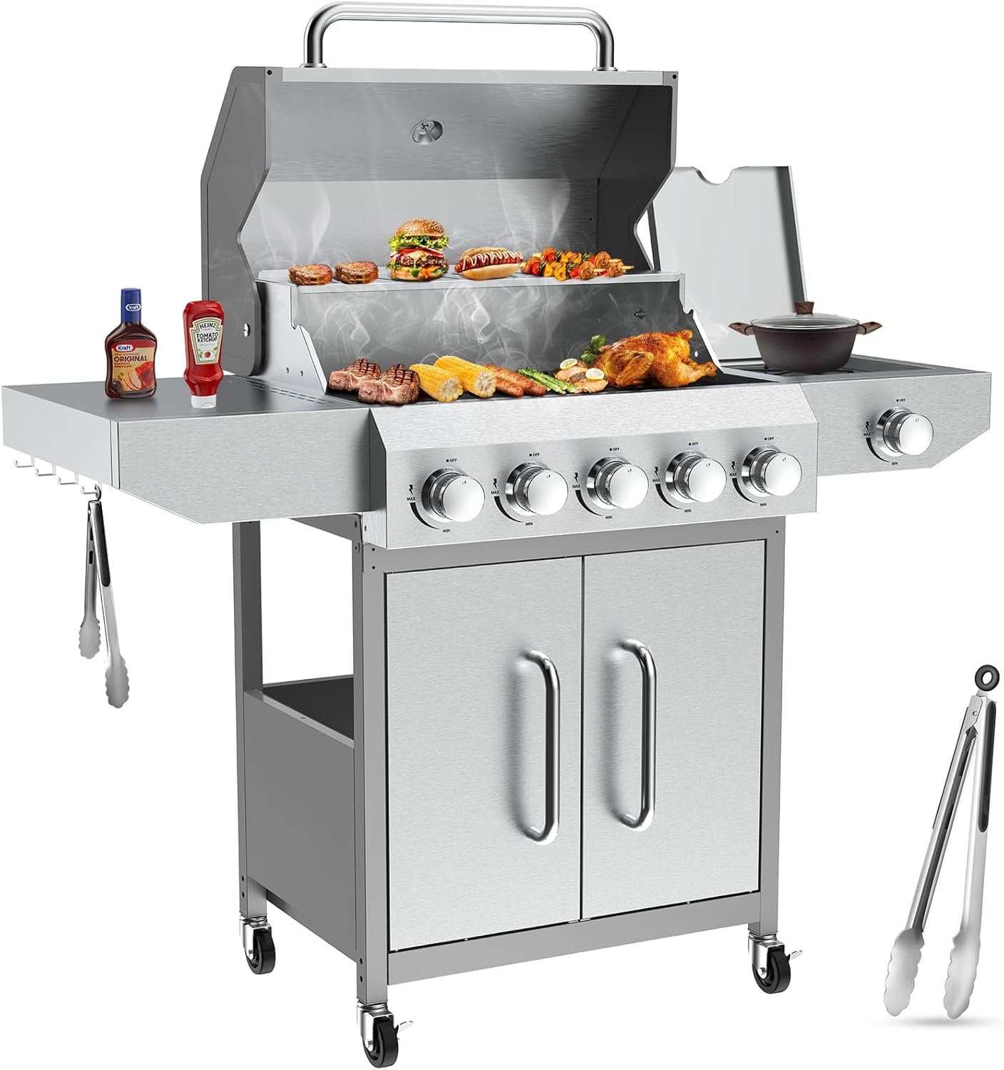 Llamaviva 5 Burner Propane Gas Grill with Side Burner,Stainless Steel BBQ Grill with Porcelain-Enameled Cast Iron Grates, 68000 BTU Cabinet-Style Cart Design for Outdoor Patio Barbecue- food clip
