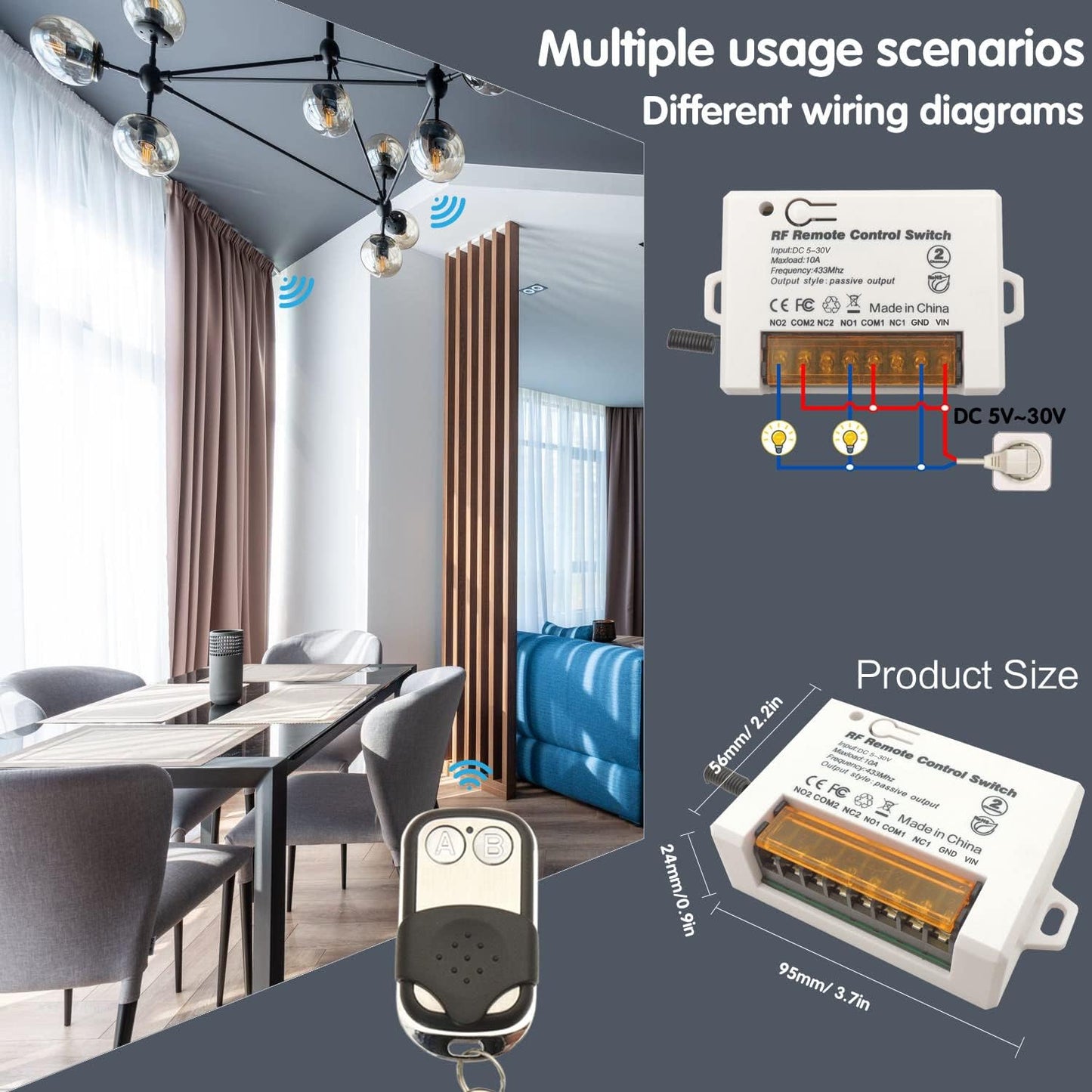 DieseRC 2 Channels Wireless Relay Remote Control Switch 433Mhz RF DC 5V 12V 24V 30V 10A Relay Receiver with 2 Transmitters Keyfob, Big Terminal Easy Wiring
