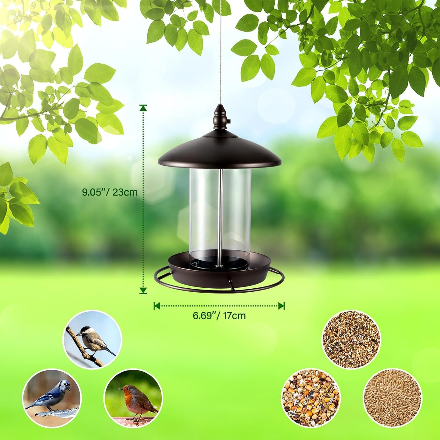 Metal Bird Feeder for Outside Hanging,Wild Bird Feeders for Cardinal, Large Roof and Tray - 6 Port