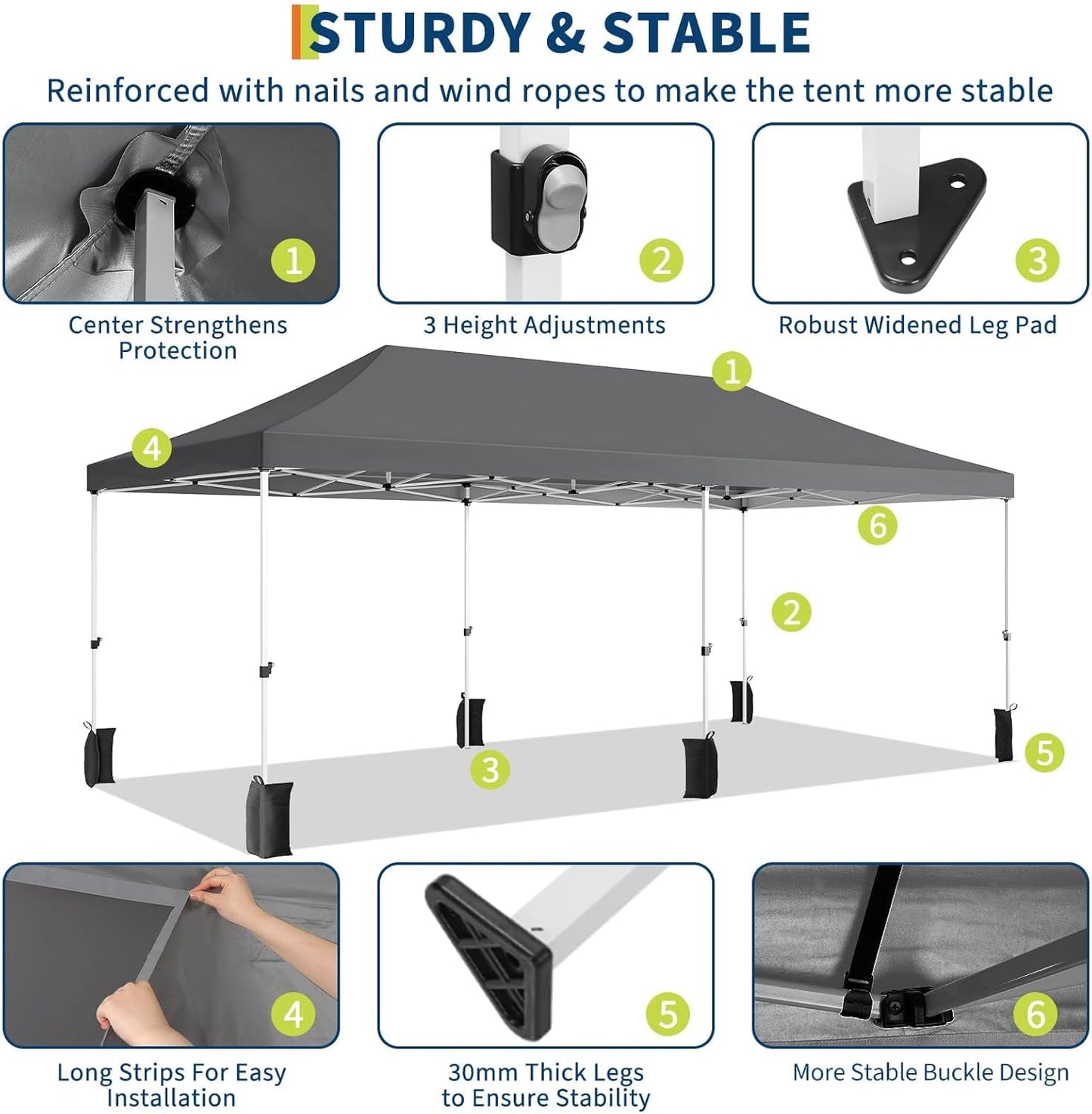 10x20 Pop Up Canopy Tent – Heavy Duty Party Tent with 6 Removable Sidewalls, 6 Sand Bags & Roller Bag, Waterproof UV-Protective Tents for Parties, Adjustable Height Instant Shelter