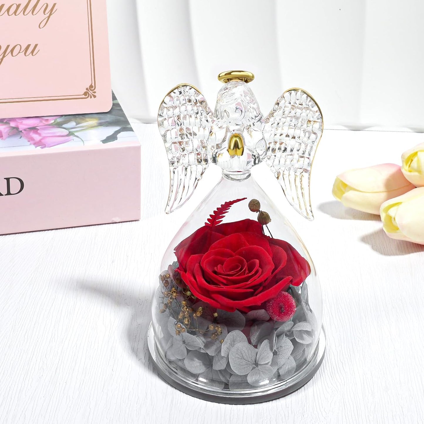 Yamonic Mom Birthday Gifts for Mom, Angel Figurines with Real Rose Gifts for Her Mom Grandma,Preserved Flowers Rose Angel Figurines for Mothers Day Christmas Anniversary Birthday Gifts for Her (Red)