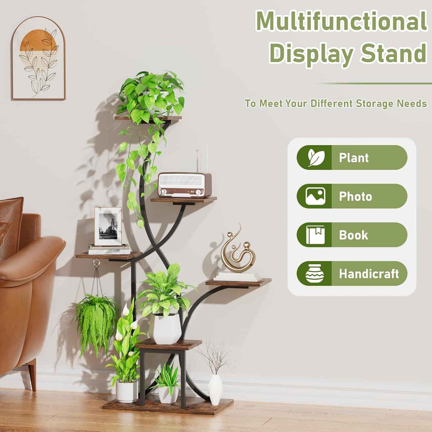 Plant Stand Indoor with Grow Lights, 6 Tiered Indoor Plant Shelf, 48'' Corner Plant Stands for Indoor Plants, Lighted S-Shaped Plant Rack, Tall Flower Holder Display for Living Room, Home (Black)