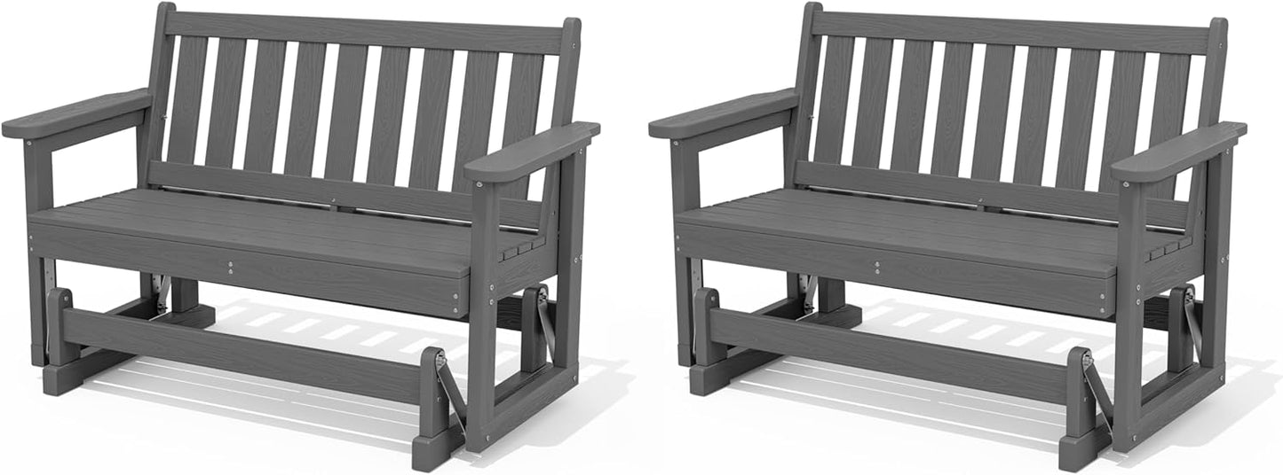 SERWALL Outdoor Glider Bench Set of 2, HDPE Weather-Resistant Swinging Bench for Backyard Garden Porch, Grey