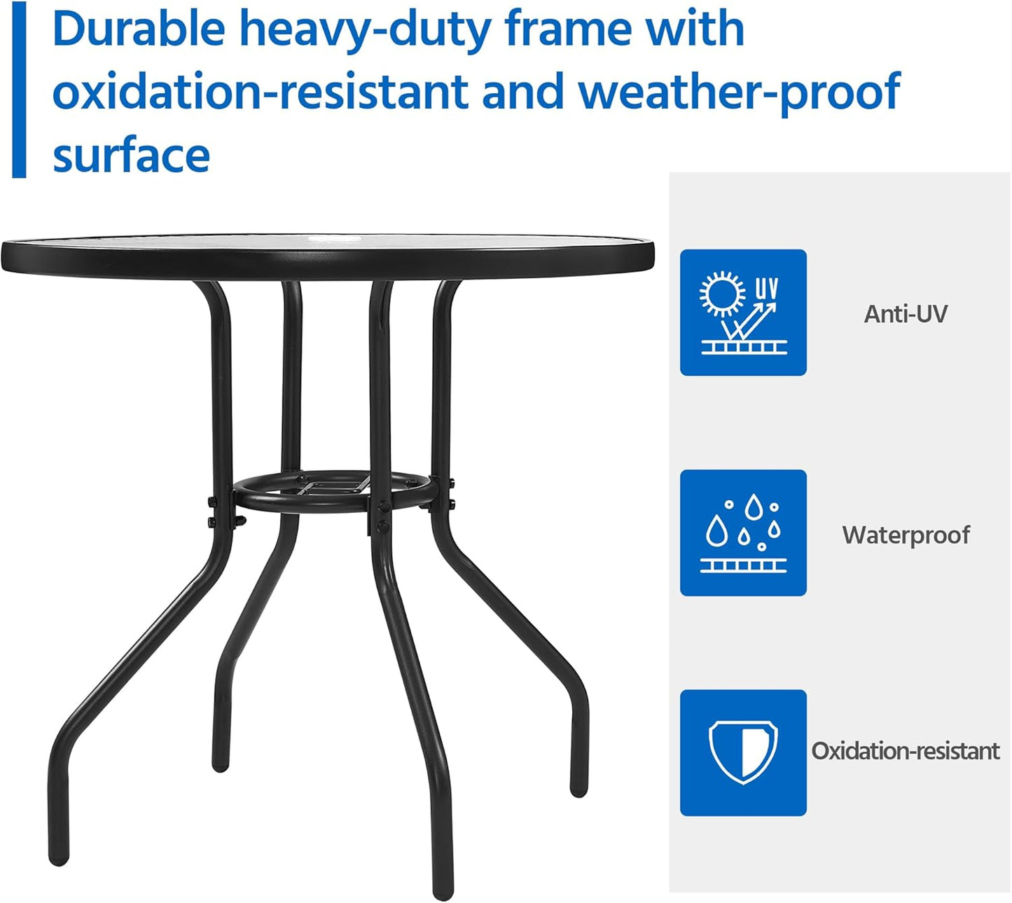 Yaheetech 27.4'' Patio Bistro Table Round Outdoor Coffee Table, Round Tempered Glass Top with 1.7'' Umbrella Hole, Iron Frame for Balcony Backyard Lawn and Garden