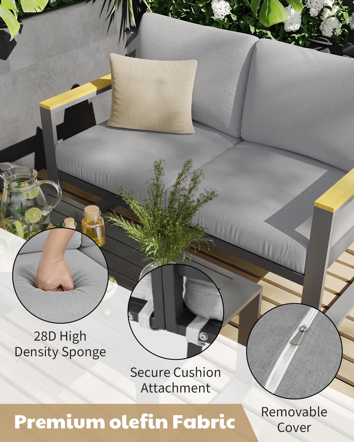 Modern Aluminum Patio Loveseat and Coffee Table Set - All-Weather Outdoor Furniture - Washable Thick Cushions - Rust Resistant, Easy Assembly - Comfortable for Balcony, Garden, Deck, Backyard - Gray