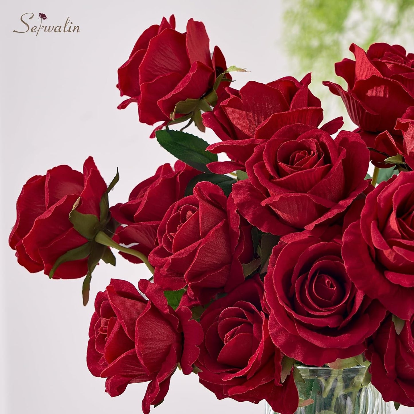 Serwalin 50pcs Artificial Red Roses, 4'' Velvet Flower Head Fake Rose Bulk, Real Touch Silk Roses Realistic Bouquet Long Stems Wedding Home Decor and Table Centerpiece