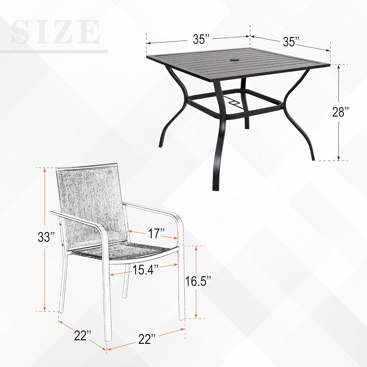 Anumutig 5-Piece Outdoor Dining Set, 35 Inch Square Patio Table with 4 Stackable Patio Chairs, All Weather Frame Furniture Set - Navy