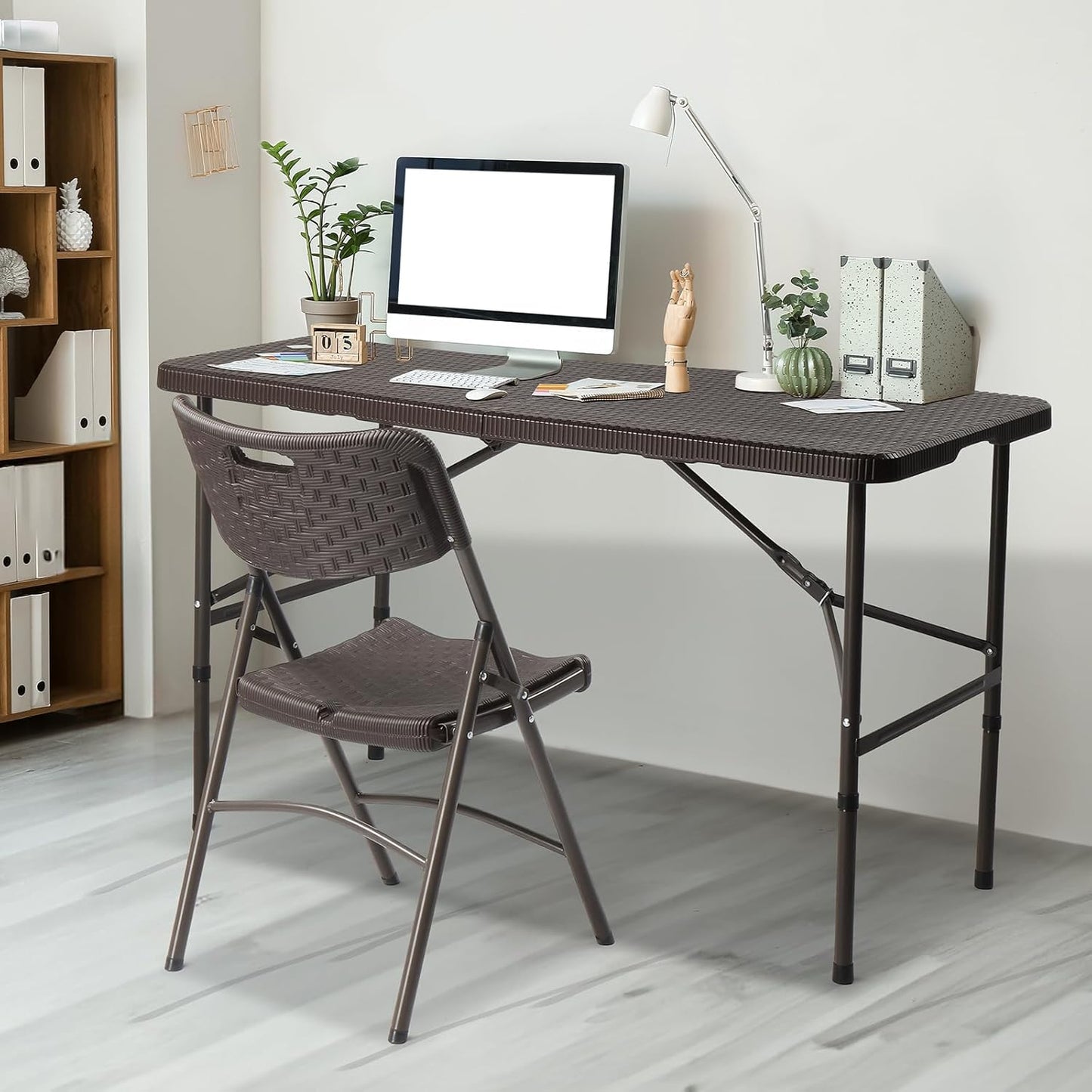 VINGLI 4 FT Plastic Folding Camping Table, Portable in/Outdoor Party Picnic Dining Desk,Garden Soccer Multipurpose Entertaining Activities, Brown