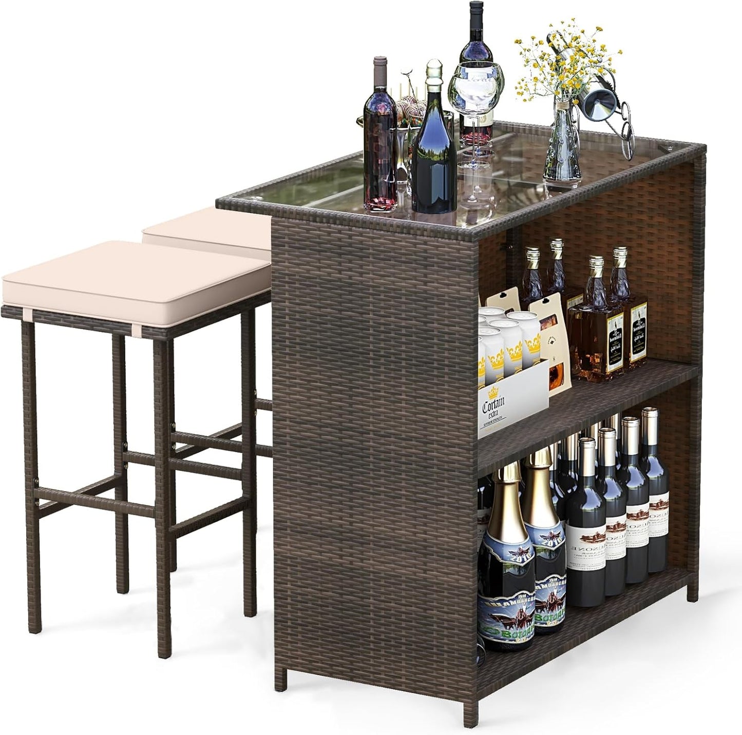 Tangkula 3 Piece Patio Bar Set, Outdoor Rattan Bar Table and 2 Stools with Tempered Glass Tabletop, 2-Tier Storage, Removable Cushions, Outside Wicker Conversation Set