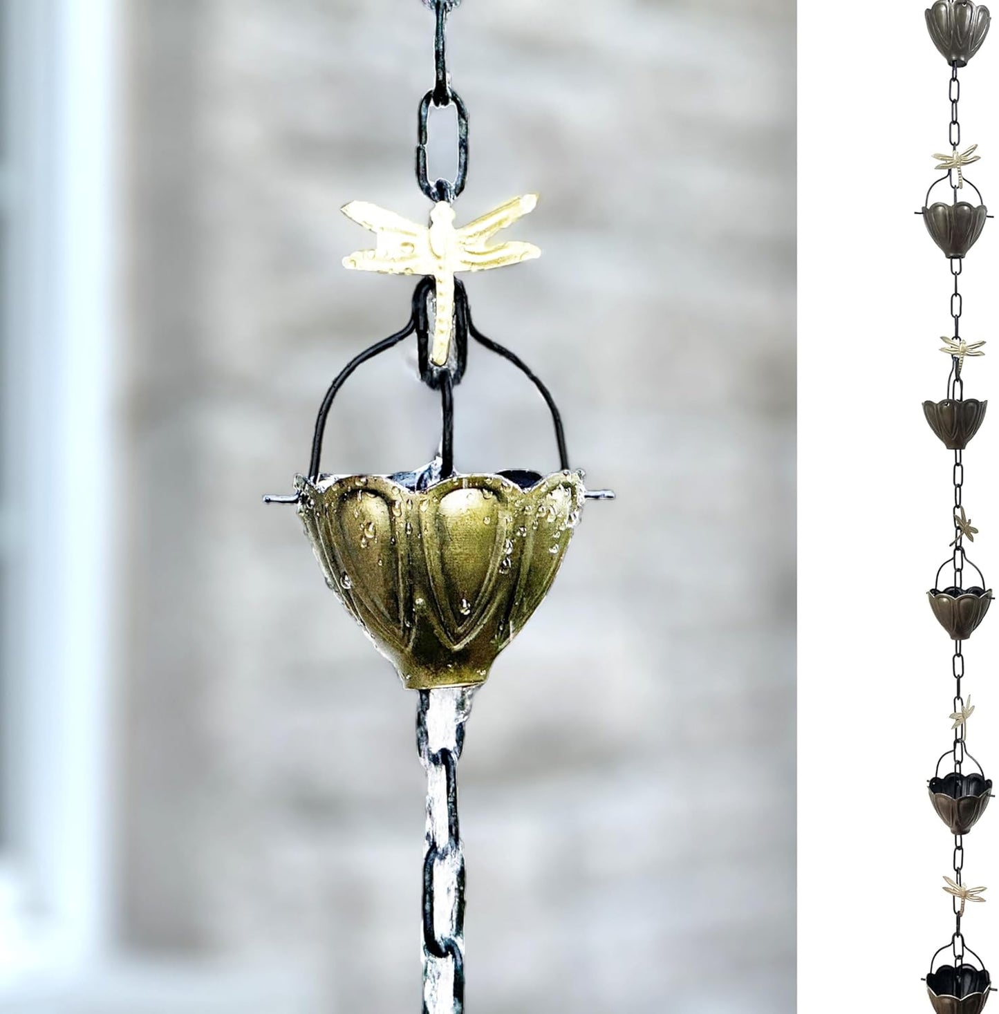 8.5 ft Dragonfly Cups Antique Brass, to Replace Roof Gutter Downspout, with Installation Kit, Rainwater Catcher/Water Diverter, JAS8004AB