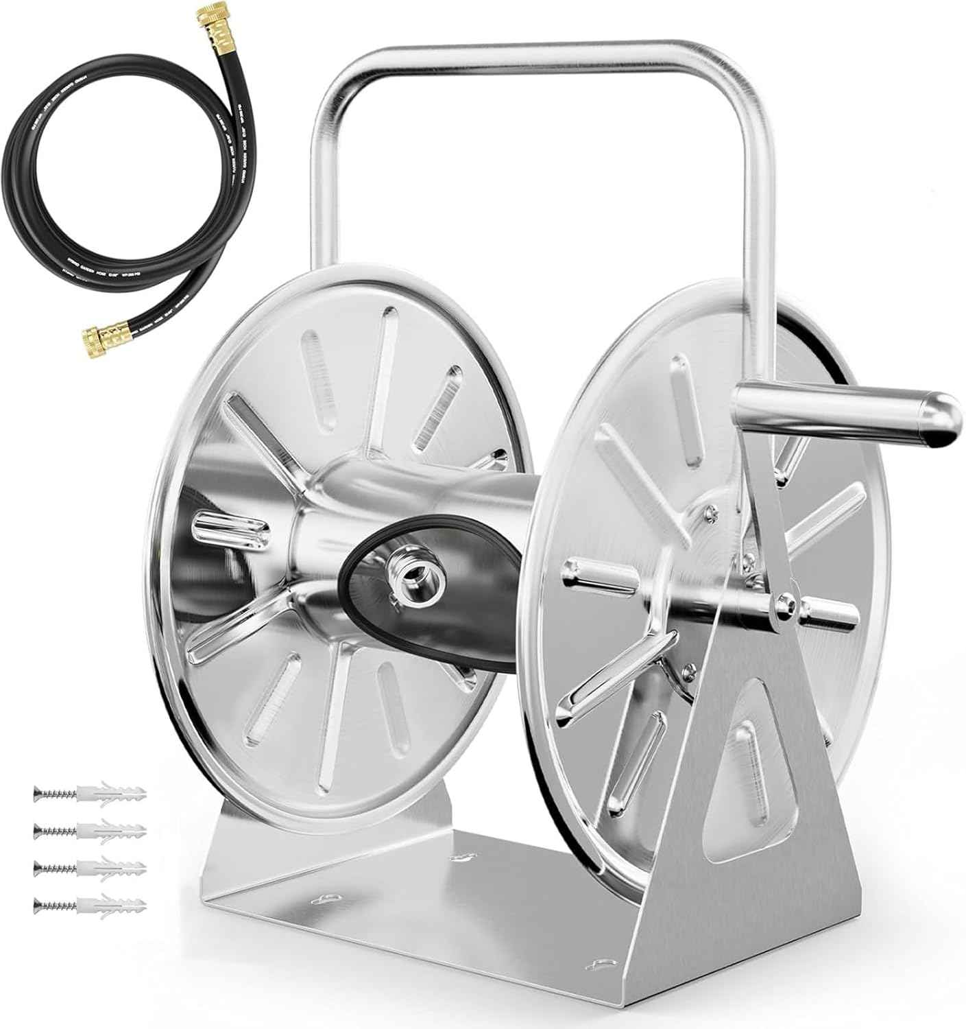 Stainless Steel Garden Hose Reel, Wall Mount or Floor Mounted with 3/4 Inch Brass Fittings Lead hose, 165 Ft Capacity with portable hose reels & Crank Handle