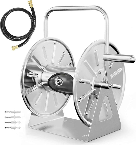 Stainless Steel Garden Hose Reel, Wall Mount or Floor Mounted with 3/4 Inch Brass Fittings Lead hose, 165 Ft Capacity with portable hose reels & Crank Handle