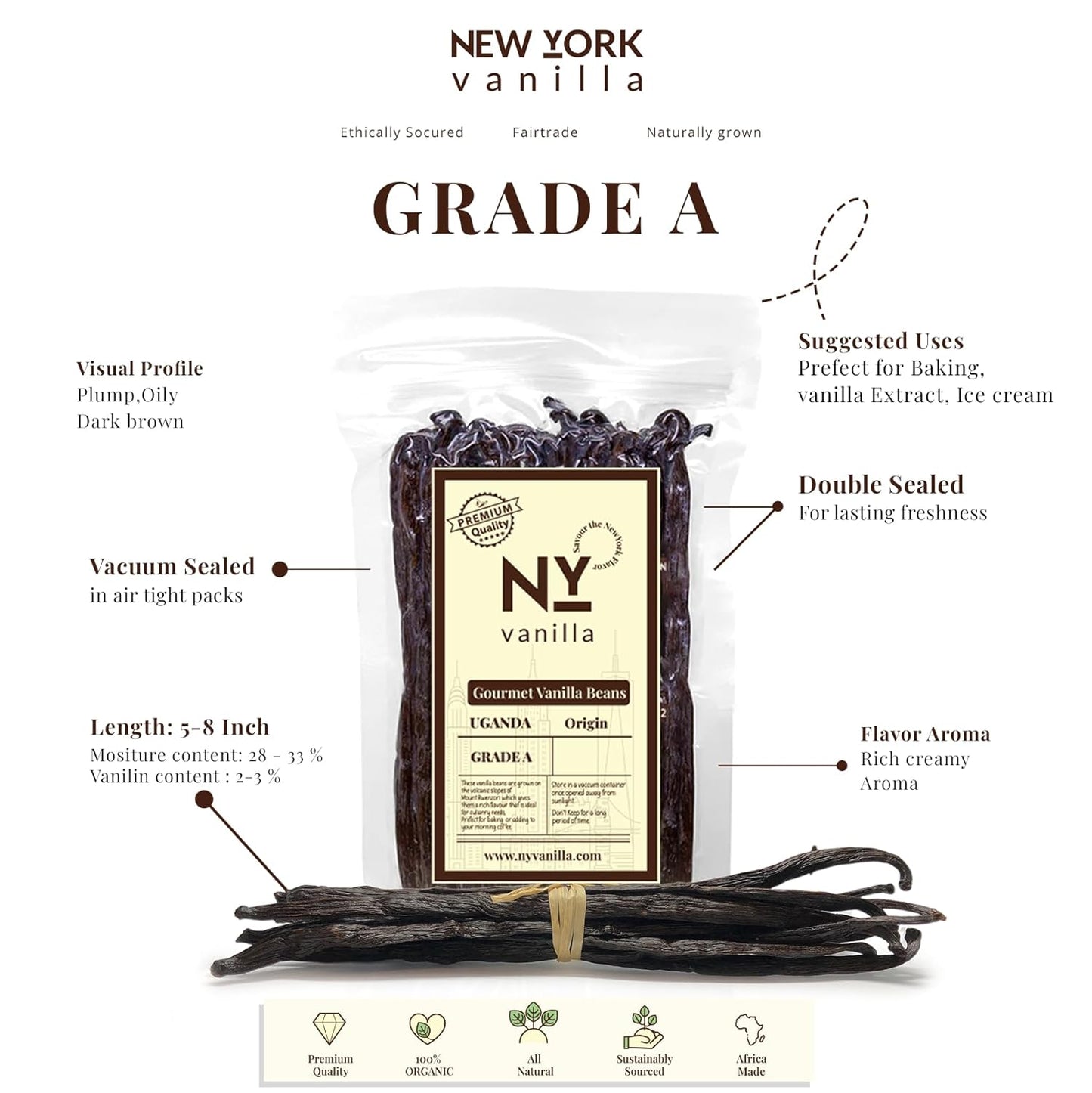 10 Vanilla Beans Grade A, Whole Vanilla Bean Pods For Making Extract, 6-8 Inches, Non GMO. Perfect For Vanila Powder, Baking & Desserts. by NYVanilla