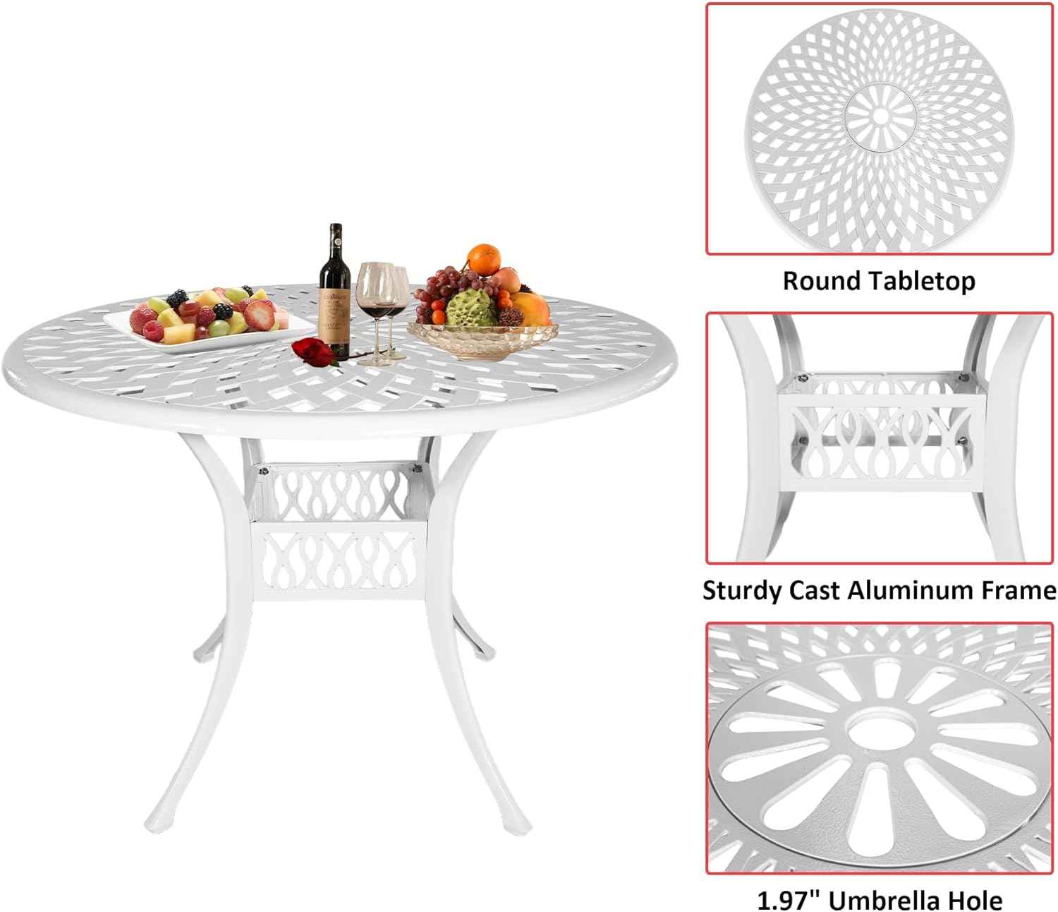 42 Inch Outdoor Patio Dining Table Round Cast Aluminum Table with 1.97" Umbrella Hole, All Weather Metal Bistro Table for Porch,Backyard,Garden,Balcony,White