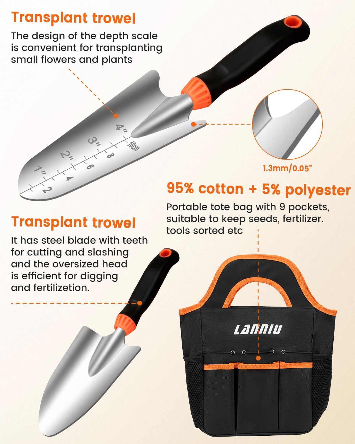 Garden Tool Set - 7 Piece Heavy Duty Stainless Steel Gardening Hand Tools with Floral Tote Bag, Non-Slip Rubber Grip, Gardening Kit Gifts for Women Mom