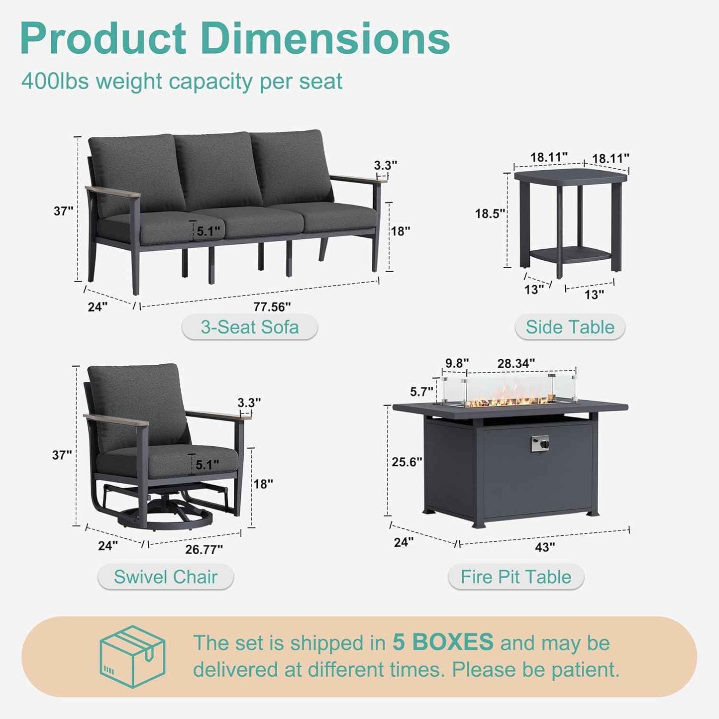 Aluminum Outdoor Patio Furniture Set with Swivel Rocking Chairs 7-Seat, Patio Sectional Sofa Patio Conversation Set with 55,000 BTU Fire Pit Table & High Backrest, Dark Grey