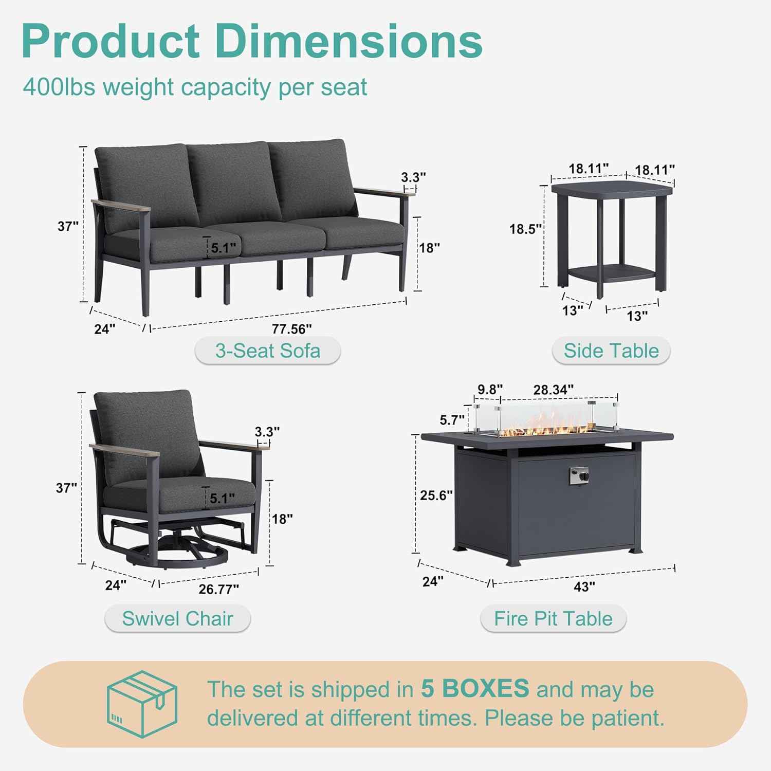 Aluminum Outdoor Patio Furniture Set with Swivel Rocking Chairs 7-Seat, Patio Sectional Sofa Patio Conversation Set with 55,000 BTU Fire Pit Table & High Backrest, Dark Grey
