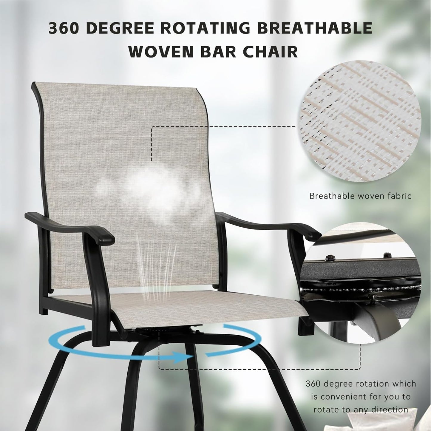 LEVELEVE Patio Bar Set 3pcs Swivel Bar Stools Outdoor Bistro Textilene Furniture Stability All-Weather Set with Height Table (3, Beige Fabric)