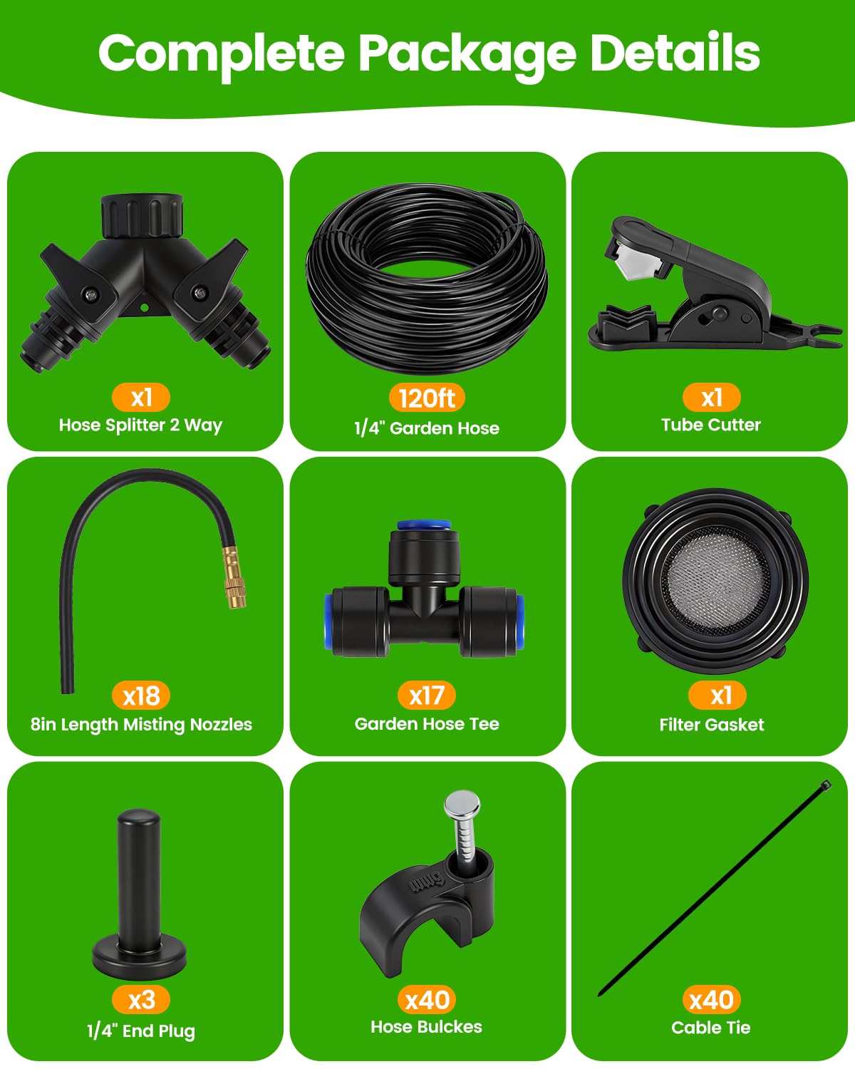 120FT Drip Irrigation System for Garden with 18 Nozzles –360° Adjustable Misting Nozzles, Quick-Connect Design, Ideal for Raised Beds, Lawns, Greenhouses & Outdoor Cooling