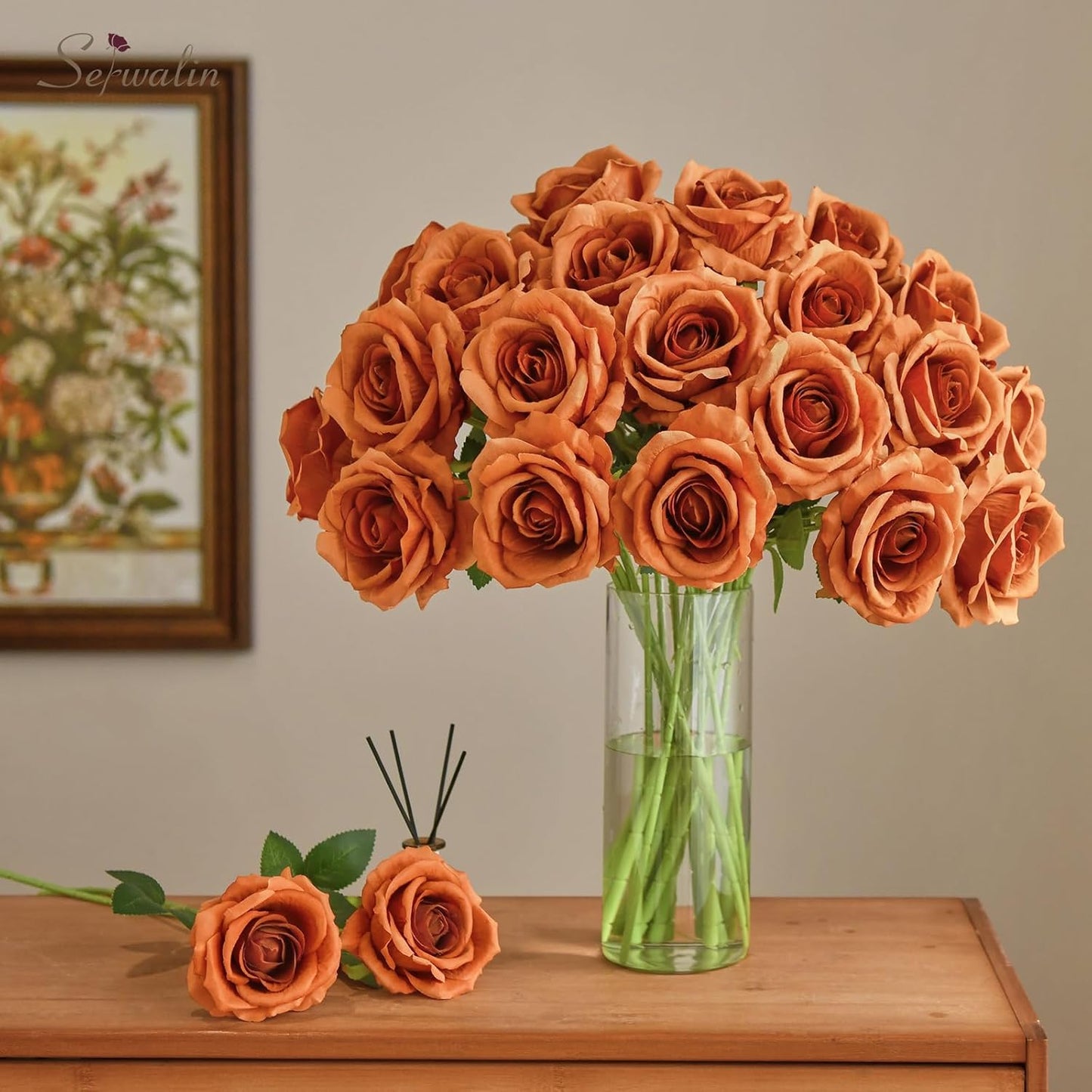 Serwalin 20pcs Artificial Burnt Orange Roses, 4'' Big Flower Head Fake Roses, Velvet Real Touch Roses, Silk Roses Long Stems for Home Decor Wedding Bouquet and Table Centerpiece