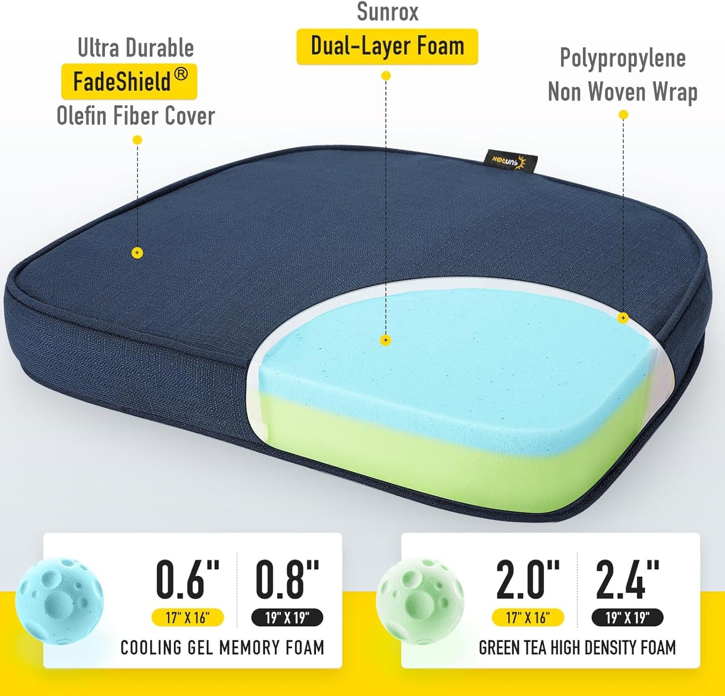 SUNROX Gel Memory Foam Chair Cushions, FadeShield Water-, Stain-Resistant Durable Reversible Seat Cushion Pads with Ties for Indoor/Outdoor Kitchen Dining Office 17"x16" Set of 2, Navy