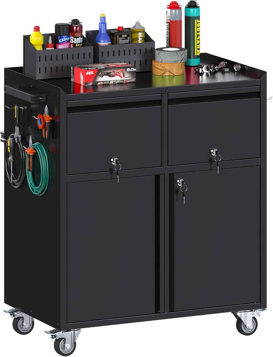 Reemoon Metal Garage Storage Cabinet on Wheels, Tool Storage Cabinet with Drawers Pegboard and 4 Hooks for Garage, Home, Office,Assembly Required,Black