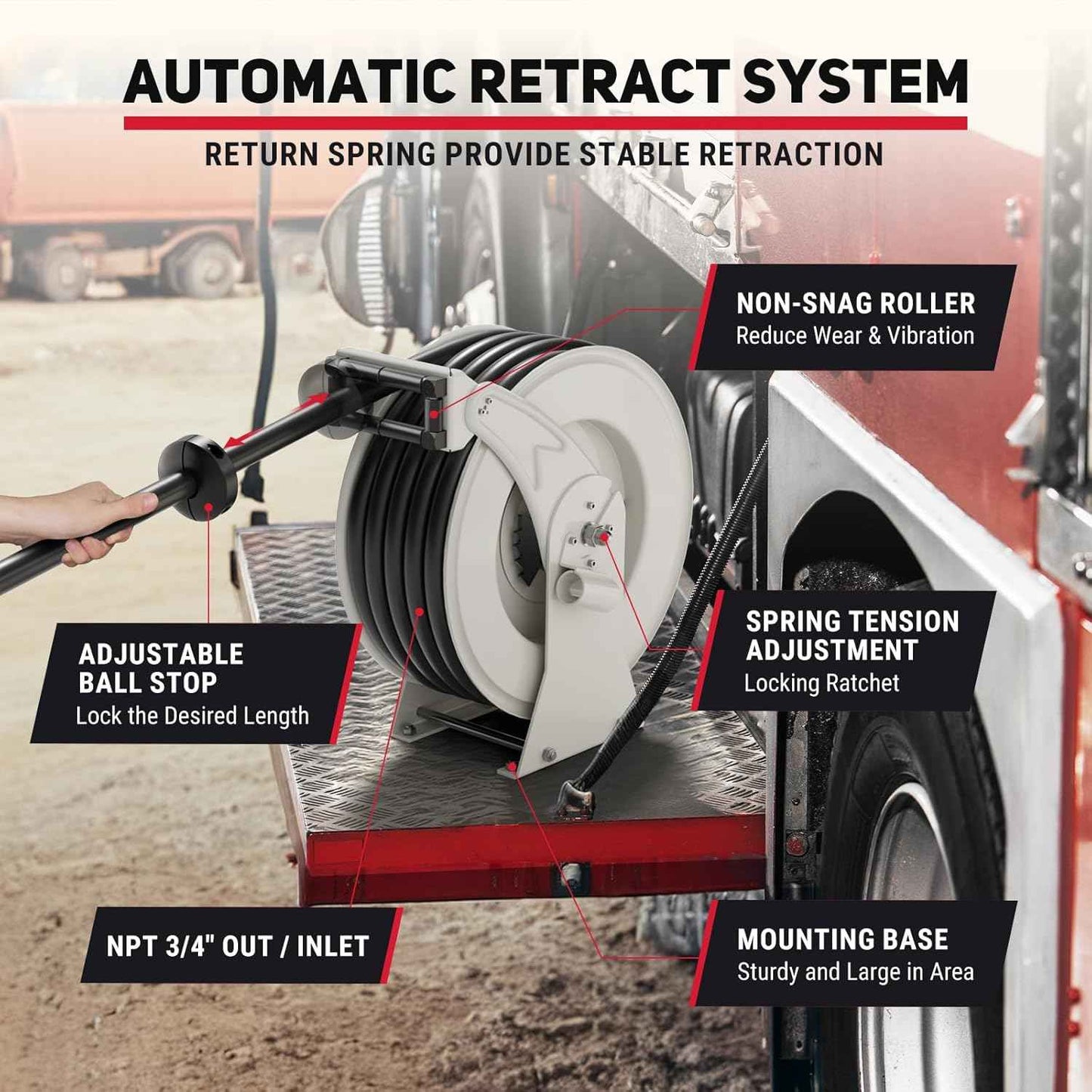 Retractable Fuel Hose Reel with Fueling Nozzle, 3/4" x 66' Diesel Hose 300 PSI Industrial Heavy Duty Auto Swivel Rewind Holder Reel for Aircraft Ship Vehicle Truck Fuel Transfer Tank