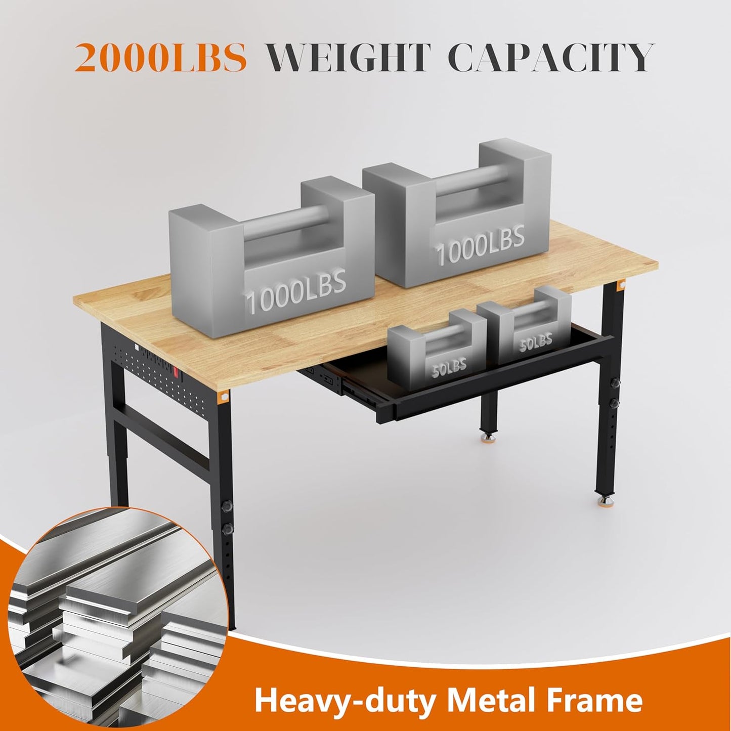 60" Adjustable Height Workbench, 2000 LBS Heavy Duty Work Table with Power Outlets & Pegboard, Rubber Wood Workstation for Garage, Workshop, Office, Home, Commercial