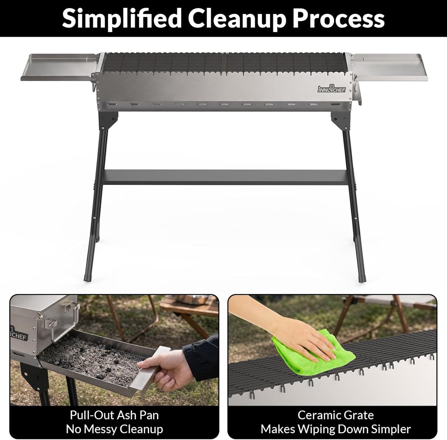 Charcoal Grill, Foldable Portable Camping Charcoal Grill, Stainless Steel BBQ Grill with Ceramic Grate, 2-in-1 Side Tables & Pull-Out Ash Pan Outdoor & Backyard Grill for Patio Cooking