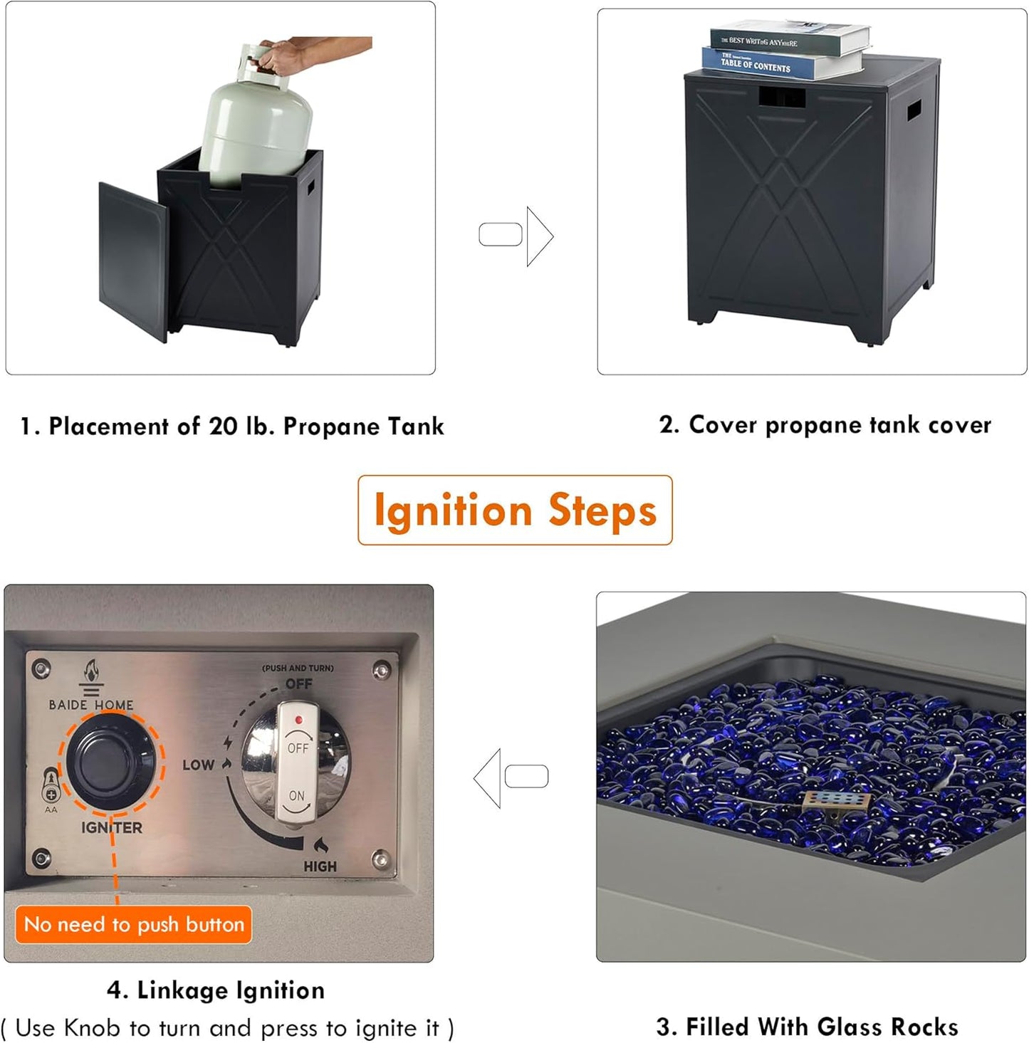 32.5-inch Outdoor Gas Fire Pit with 20lb Propane Tank Cover Table, 50,000BTU Propane Gas Fire Pits for Outside Patio w/Square Burner Lid, Glass Rocks, Pre-Attached 10ft External Gas Hose