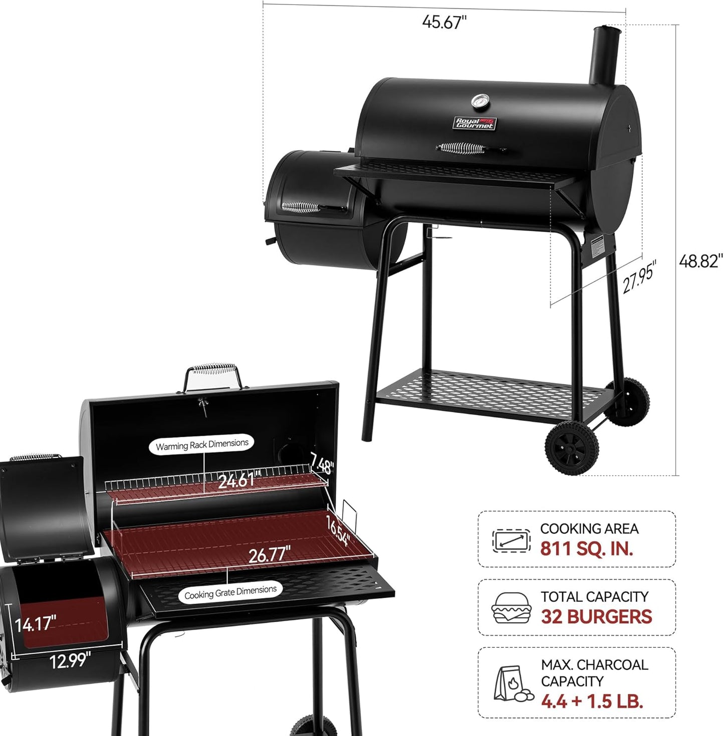 Royal Gourmet CC1830FC Charcoal Grill Offset Smoker (Grill + Cover), Black