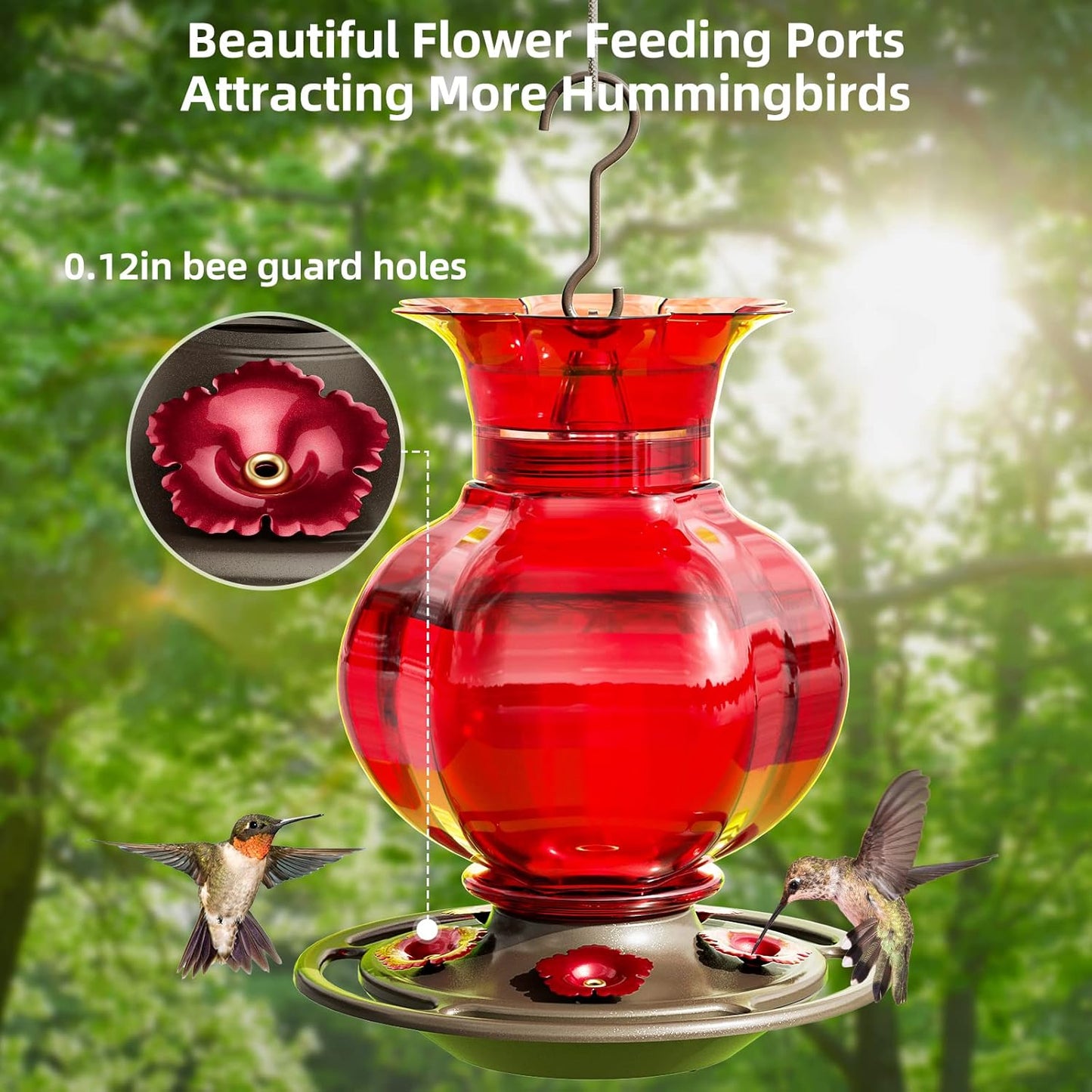 Auslar Hummingbird Feeder, Red Glass Hummingbird Feeders for Outdoors Hanging with Ant Moat, 5 Simulation Flowers Feeding Ports, 23 Ounces, Rustproof, Fade Proof, Pomegranate Shape