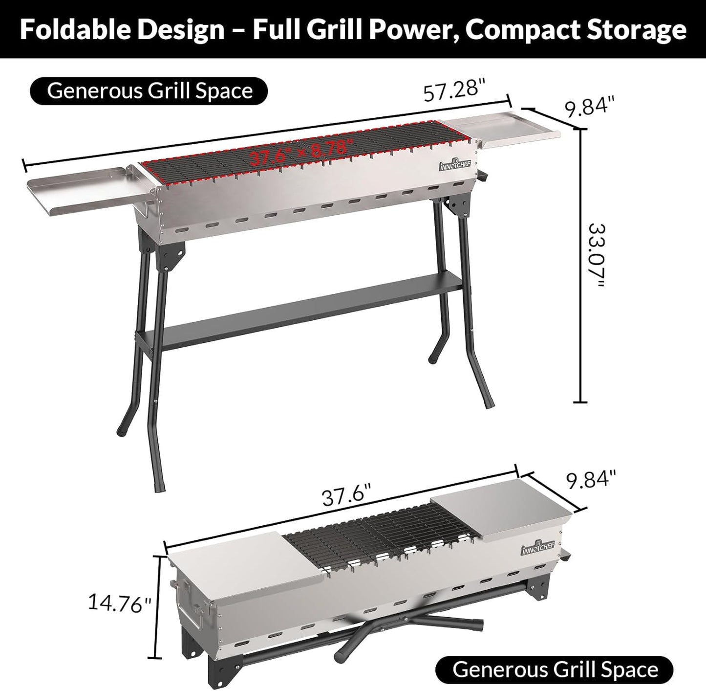 Charcoal Grill, Foldable Portable Camping Charcoal Grill, Stainless Steel BBQ Grill with Ceramic Grate, 2-in-1 Side Tables & Pull-Out Ash Pan Outdoor & Backyard Grill for Patio Cooking