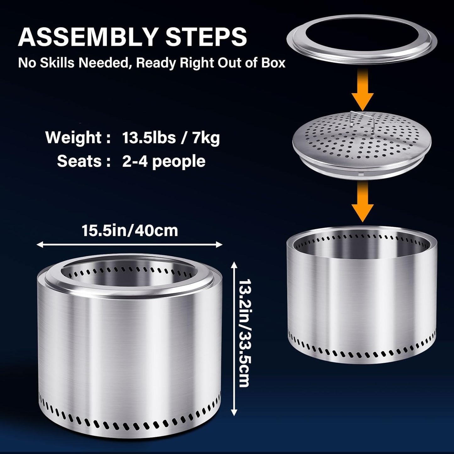 HGD 15" Smokeless Fire Pit Outdoor, Stainless Steel Wood Burning Firepit with Secondary Combustion, Backyard Patio Stove for Garden, BBQ & Bonfire