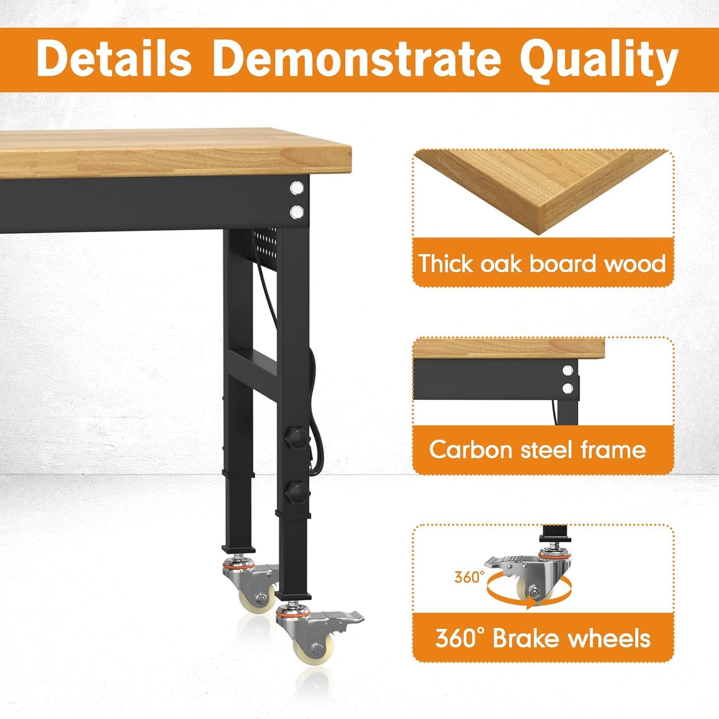 70" Heavy Duty Solid Wood Work Bench with Pegboard, Adjustable Height Workbench with Wheels and Power Outlets, 2000 LBS Capacity Work Table for Garage, Workshop, Office, Home