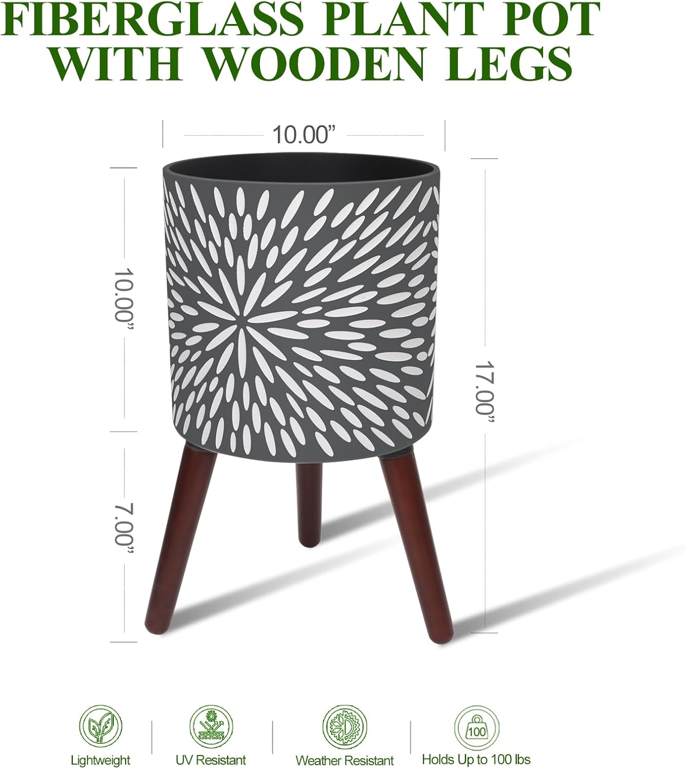 10 Inches Plant Pot with Stand, Large Modern Standing Planters for Indoor Plants with Drainage Holes, Gray Flower Pots with Legs