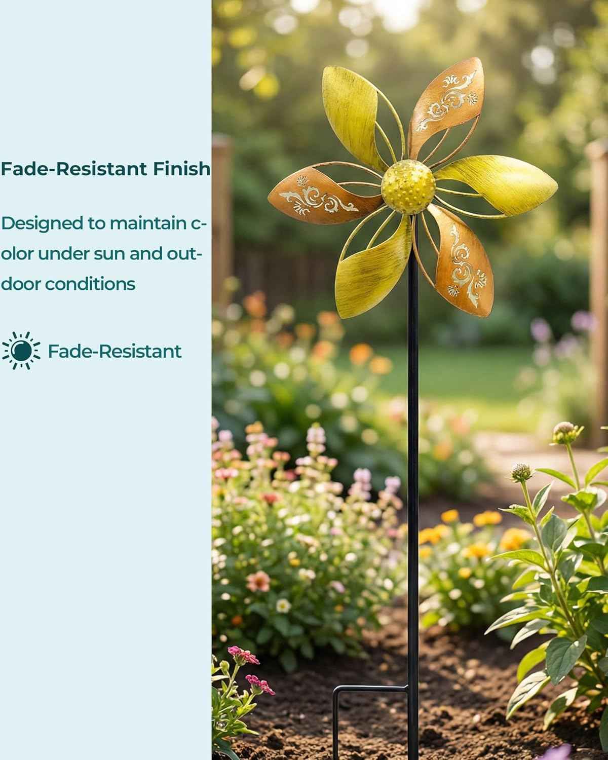 37" Metal Wind Spinner for Yard & Garden, 10" Kinetic Outdoor Garden Spinner, Rust-Resistant Decorative Yard Art (Gold Ornate Laser-Cut Floral)