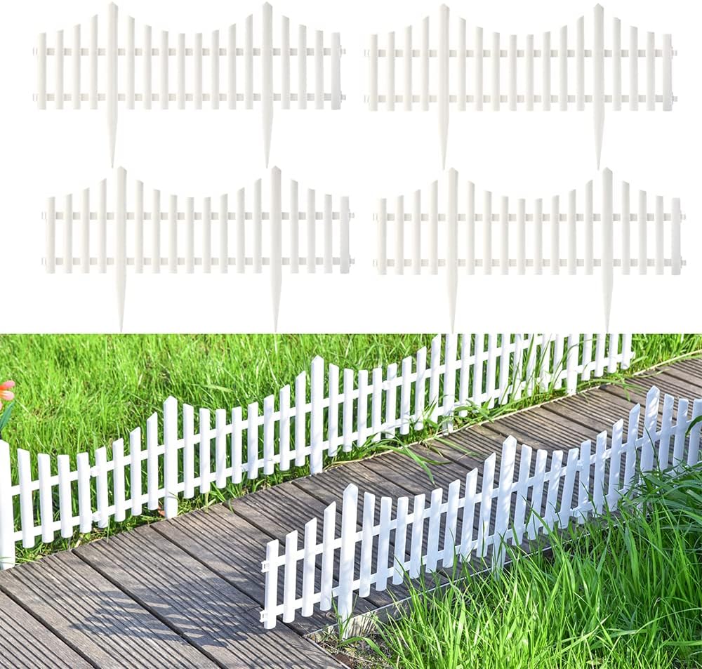 Sungmor Plastic White Garden Picket Fence, Grass Lawn Flower Beds Landscaping Edging Borders, Outdoor Path Fence Panels, Pack of 8, Lightweight & Easy Installation