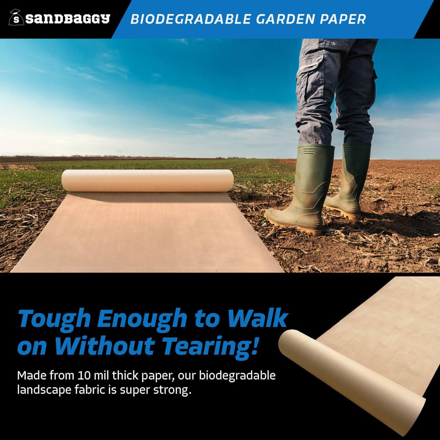 Sandbaggy Biodegradable Landscape Fabric - Garden Paper for Weeds - Paper Mulch Rolls - Made in America (2 ft x 475 ft, 10)