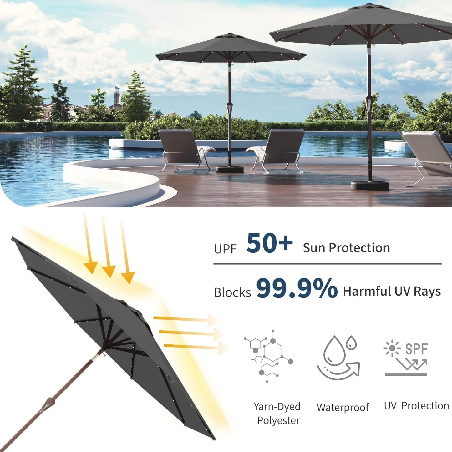 9FT Solar Umbrella 32 LED Lighted Patio Umbrella Table Market Umbrella w/Tilt and Crank, UV-Resistant Outdoor Umbrella for Pool, Garden, Deck, Gray