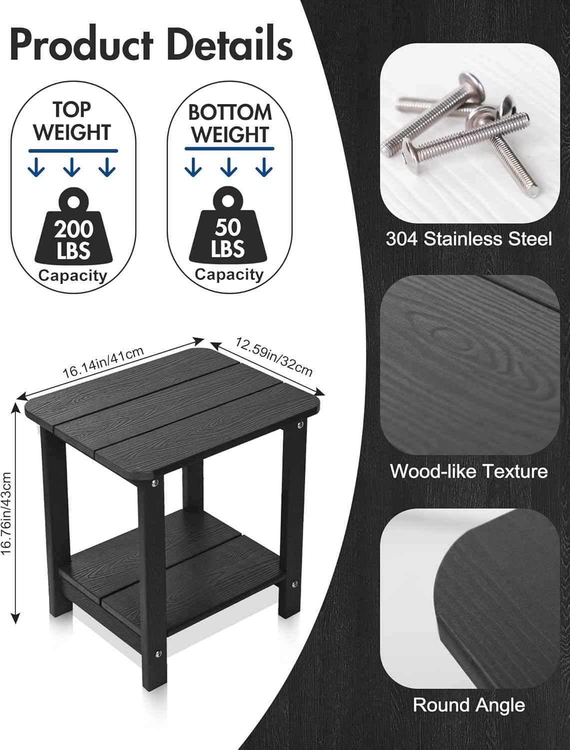 Tikea, Black Adirondack Outdoor Side Table, 16.7'' x 12.6'' x 16.7'', Weather Resistant, Double End Table for Patio, Garden, Lawn