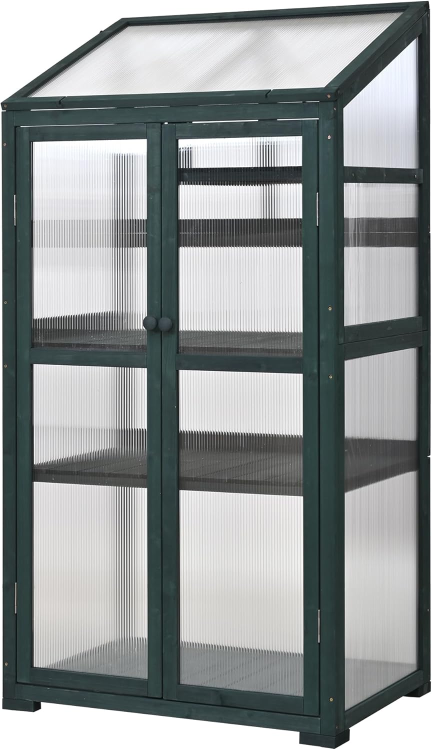 62‘’Wooden Greenhouse, Cold Frame Portable Greenhouse with Wheels and Adjustable Shelves for Indoor Outdoor Patio Balcony Garden, 31.5" Lx22.4 Wx62 H, Green