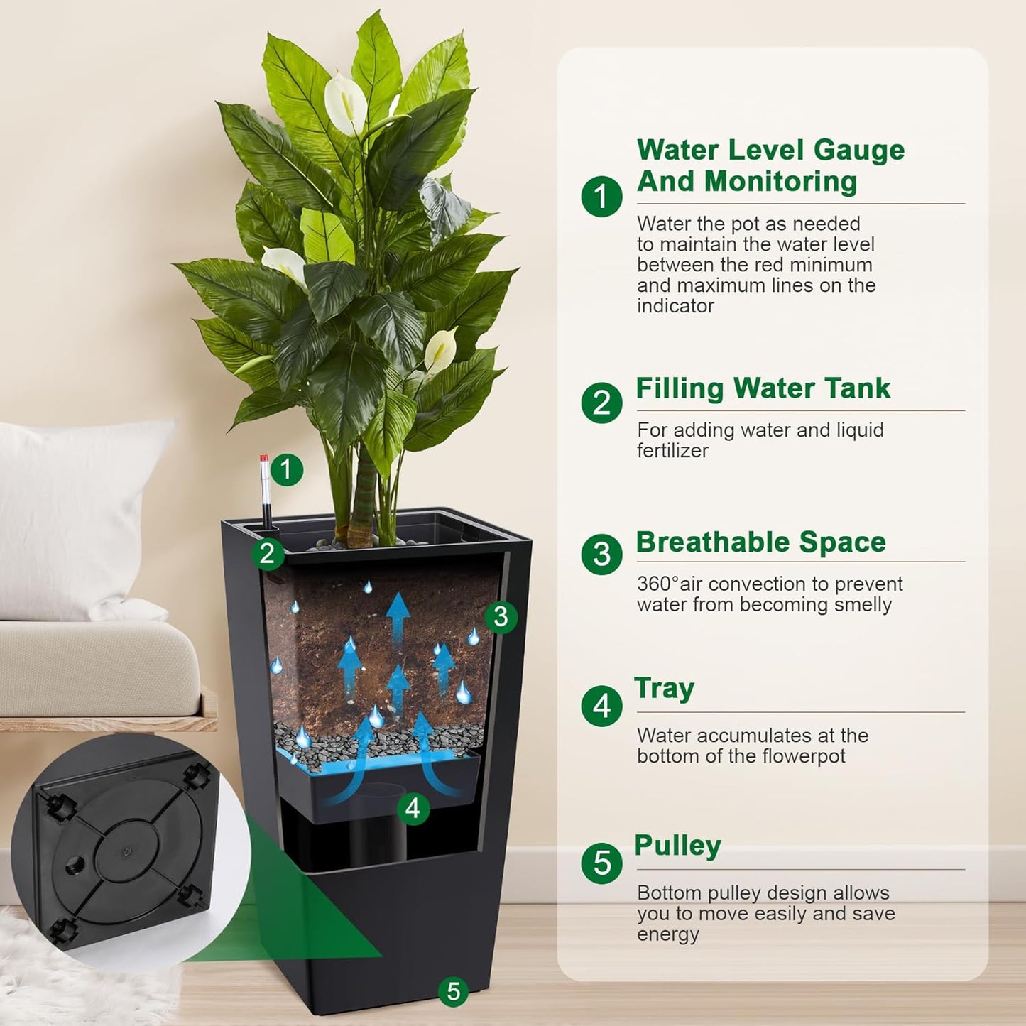 30" Tall Planters Set of 2, Outdoor＆Indoor Black Planter Pots, High Front Porch Planter Pots with Drainage Holes＆Water Level Monitor Movable Wheels ＆Inner Bucket, Automatic Watering,Black