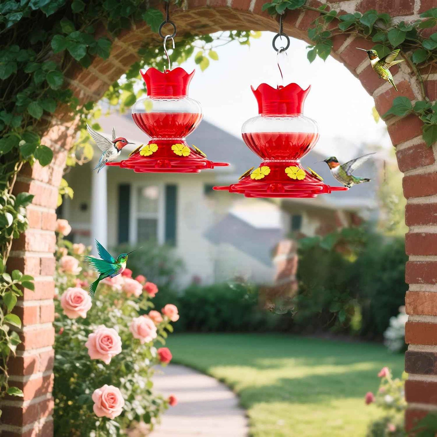 Plastic Hummingbird Feeders for Outdoors Hanging, 2 Pack 13 Ounces Ant and Bee Proof Small Hummingbird Feeders with 6 Feeding Ports and Perches for Outside Garden Décor